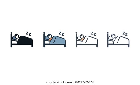 Four stylized vector icons depict a person sleeping comfortably in a bed representing relaxation