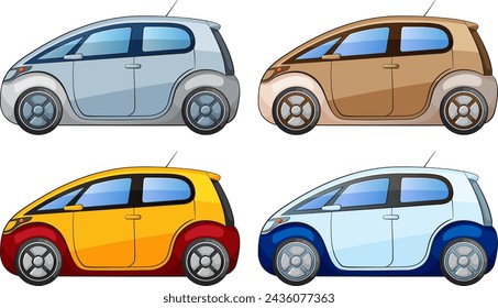 Four stylized vector illustrations of compact cars.