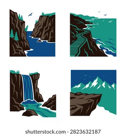 Four stylized vector illustrations depicting diverse natural coastal mountain