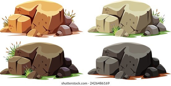 Cuatro rocas vectoriales estilizadas con hierba y follaje.