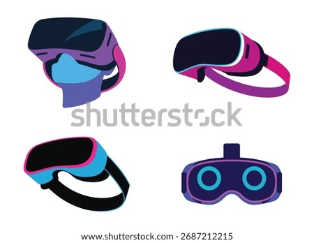 Four stylized virtual reality headsets in purple blue and pink VR headset technology