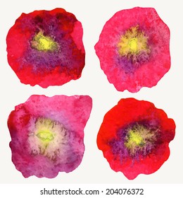 Four stylized watercolor poppy flowers. Isolated on a white background. Watercolor illustration.