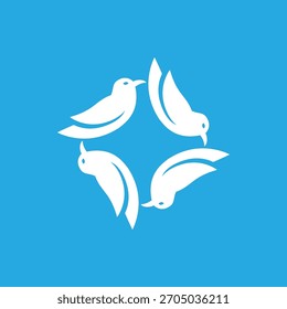 Cuatro pájaros blancos estilizados en una formación circular en el símbolo azul de la muestra del icono del logotipo Vector común plano