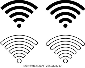 Quatro ícones estilizados de sinal Wi-Fi em preto-e-branco, exibindo diferentes níveis de intensidade de sinal e estilos de linha, representando conectividade e tecnologia wireless. EPS-10.