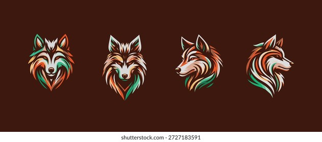 Cuatro logotipos estilizados de cabeza de lobo con colores vibrantes