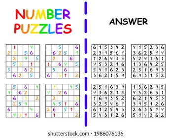 Four sudoku for children with answer colorful vector illustration. Easy six by six sudoku for beginners. Simple number puzzle for kids - educational activity page printable worksheet svg
