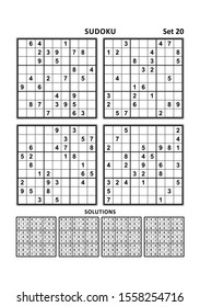 Four sudoku puzzles of comfortable (easy, yet not very easy) level, on A4 or Letter sized page with margins, suitable for large print books, answers included. Set 20.