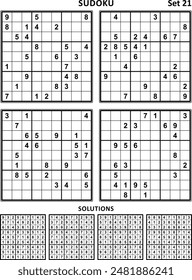 Four sudoku puzzles of comfortable (easy, yet not very easy) level. Set 21.  Answer included.
