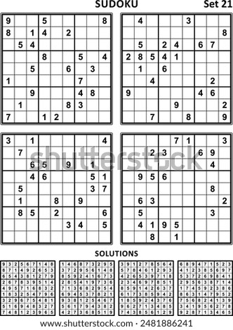 Four sudoku puzzles of comfortable (easy, yet not very easy) level. Set 21.  Answer included.
