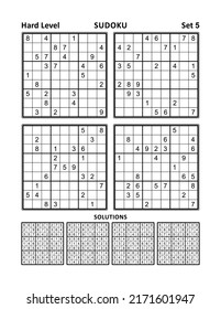Four sudoku puzzles of hard level, solutions included. Set 5.
