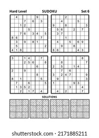 Four sudoku puzzles of hard level, solutions included. Set 6.
