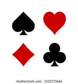 Four suits of game cards. Peak, Clubs, Cherva, Tambourine. Red and black colors. Isolated on a white background. Flat style. Vector