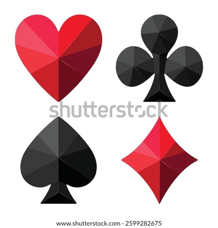 Four suits of playing cards: hearts, clubs, spades, diamonds. Set of vector illustrations in shapes of crystals, royal premium glossy icons