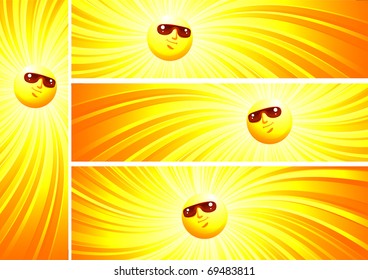 Four summer banners with smiling cartoon sun in sunglasses