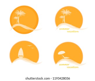 four summer logo with sun, palm trees, ocean or sea, sailing ship and beach, vector illustration isolated on the white background