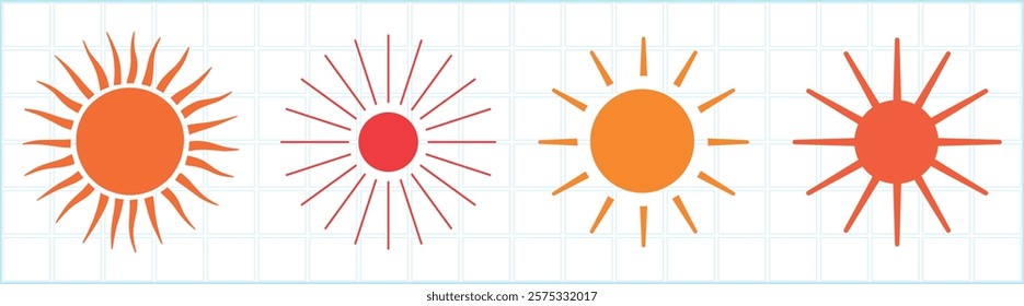 Four sun icons in orange and red, each with unique ray patterns. Sun icons in vibrant colors. Distinct sun ray designs in orange and red. Weather icons, isolated vector element set.