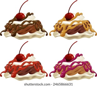 Four sundaes with various toppings and cherries