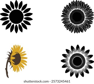 Four sunflower illustrations two black silhouettes, one detailed black, and one yellowbrown. Simple, bold graphic designs, perfect for various applications.