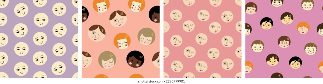 Four surface patterns, beautiful girlish faces. Backdrop design, female face, for wrapping paper, textile, branding.
