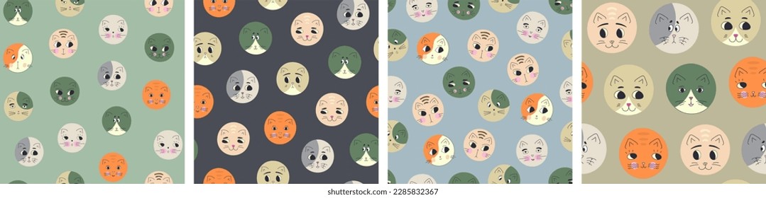 Four surface patterns, black eyes cats. Backdrop design, round kitty face, for wrapping paper, textile, branding
