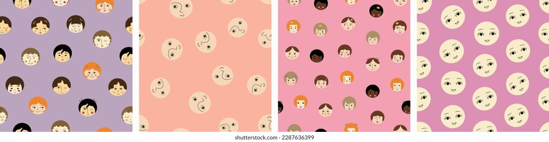 Four surface patterns bundle, attractive girlish faces. Creative seamless backdrop, feminine image, stylish repeating design
