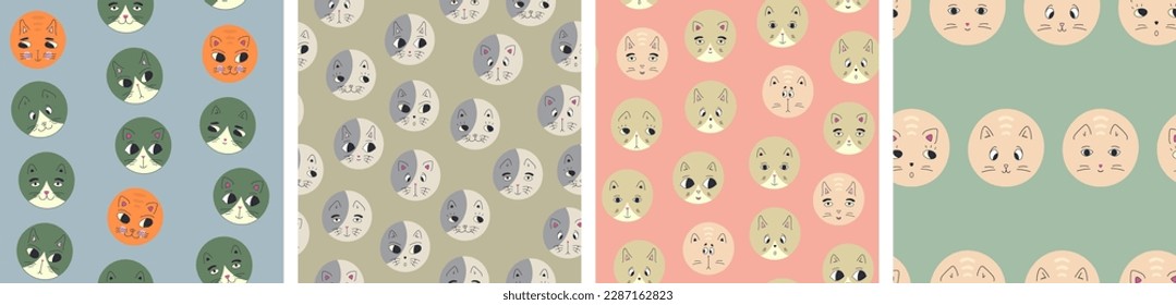 Four surface patterns bundle, black eyes cats. Repeatable texture, cartoon funny kitty, abstract colorful background design

