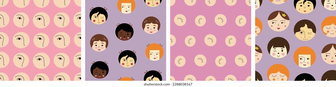Four surface patterns bundle, comely girlish faces. Abstract colorful background design, girl visage, repeatable texture
