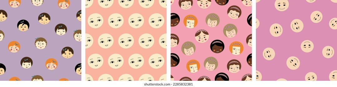 Four surface patterns bundle, pleasant girlish faces. Repeatable texture, woman portrait, abstract colorful background design
