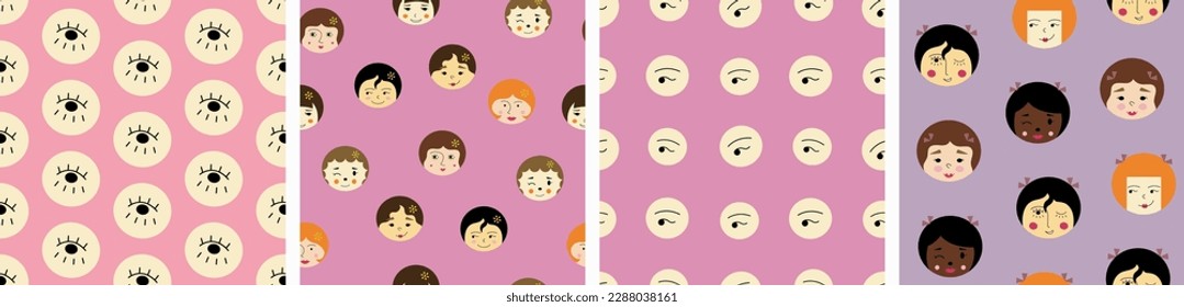 Four surface patterns, handsome girlish faces. For wrapping paper, textile, branding, women look, backdrop design
