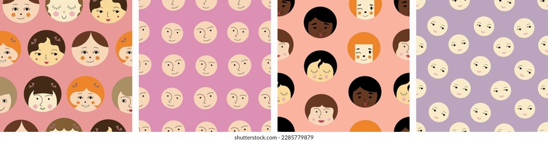 Four surface patterns pack, attractive girlish faces. Repeating print, women visage, bright colorful composition.