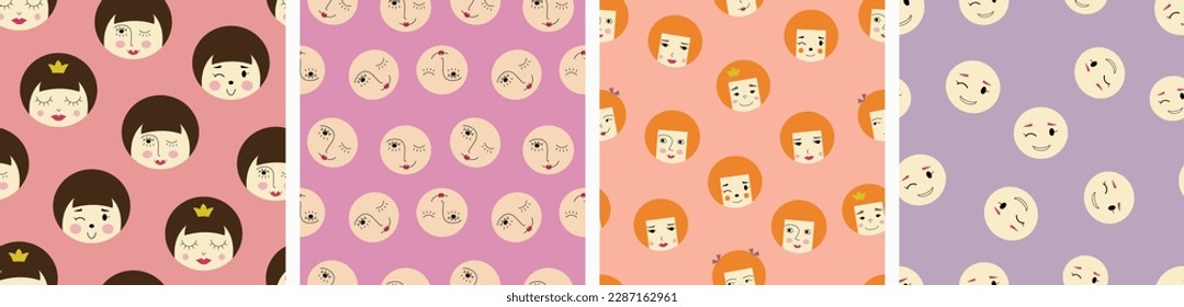 Four surface patterns pack, cutely girlish faces. Repeating prints, swatch bundle, feminine look, colored seamless background
