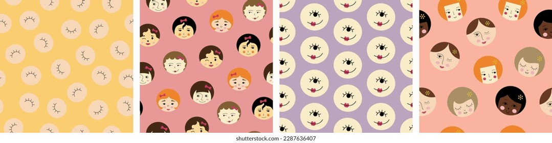 Four surface patterns pack, handsome girlish faces. Drawn repeatable backdrop, female visage, for wrapping paper, textile, branding
