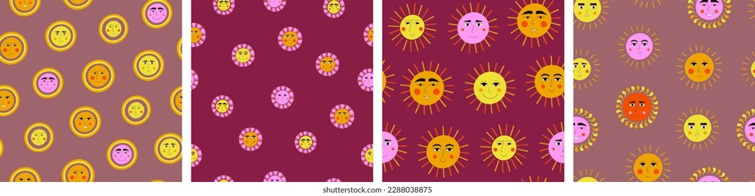 Four surface patterns pack, joyous suns. Repeating print, summer sunset, bright colorful composition
