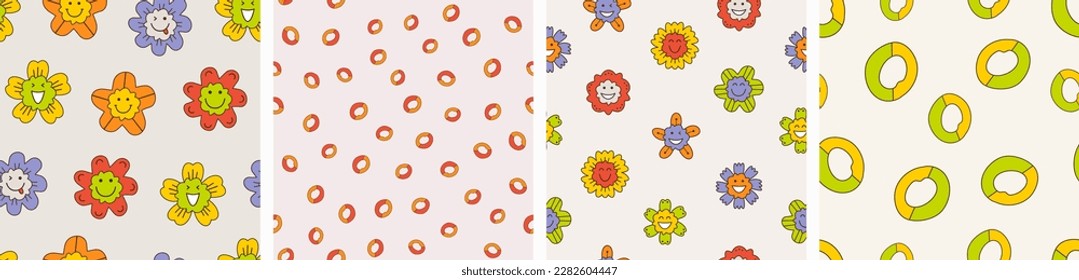 Four surface patterns, positive flowers. Backdrop design, floral small figure, for wrapping paper, textile, branding
