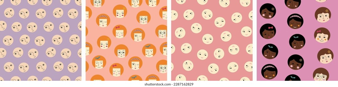 Four surface patterns, sweet girlish faces. Childish backdrop design, feminine look, simple illustration for fabric, packaging
