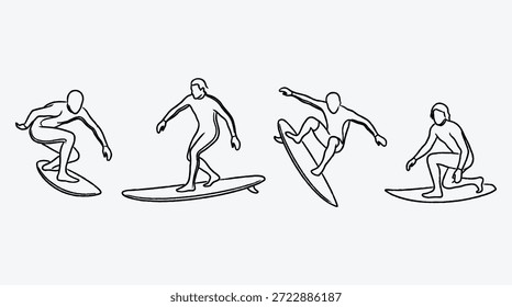 Vier Surfer in verschiedenen Posen auf Surfbrettern in schwarz-weißer Linienart einzeln auf transparentem Hintergrund