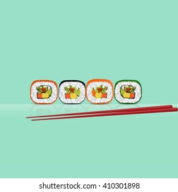 four of sushi roll and chopstricks