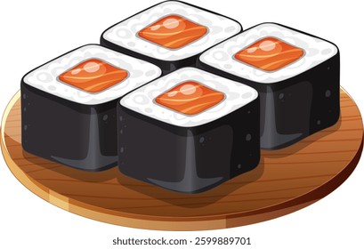 Four sushi rolls with salmon on a wooden board