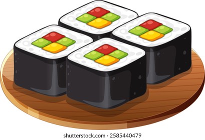 Four sushi rolls with vibrant fillings on a platter