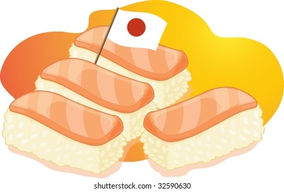 Four sushi with toothpick flag