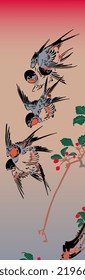 Four Swallows isolated illustration in old japanese woodprint ukiyoe-e style. inspired by artist Utagawa Hiroshige. Minimalistic digital art. Poster. Print for interior design. Vector EPS10