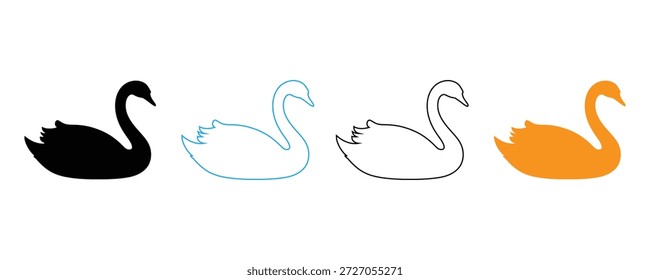 Quatro cisnes em cores diferentes e estilos de linha para projetos de design e branding