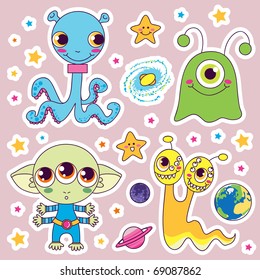 Four sweet cute child alien monsters with planets and happy stars