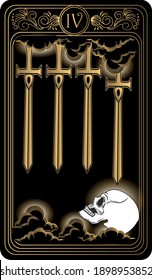 Four of swords. Card of Minor arcana black and gold tarot cards. Tarot deck. Vector hand drawn illustration with scull, occult, mystical and esoteric symbols.