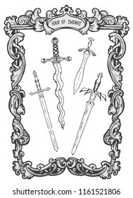 Four of swords. Minor Arcana tarot card. The Magic Gate deck. Fantasy engraved vector illustration with occult mysterious symbols and esoteric concept