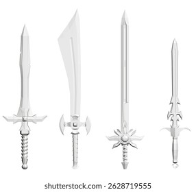 Four swords are shown in a white background. The swords are all different sizes and shapes, with one being a long sword and the others being shorter and more curved. Concept of variety and diversity