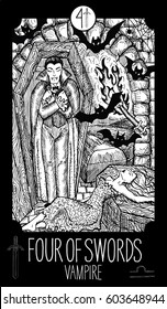 Four of swords. Vampire. Minor Arcana Tarot card. Fantasy line art illustration. Engraved vector drawing. See all collection in my portfolio set