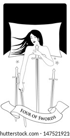 Four of swords. Woman sleeping on a white bed, holding a sword. Three swords on the bed.