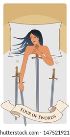 Four of swords. Woman sleeping on a white bed, holding a sword. Three swords on the bed.