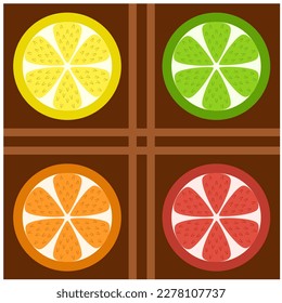 Four symbolic wheels on a brown background, lemon, lime, orange and grapefruit